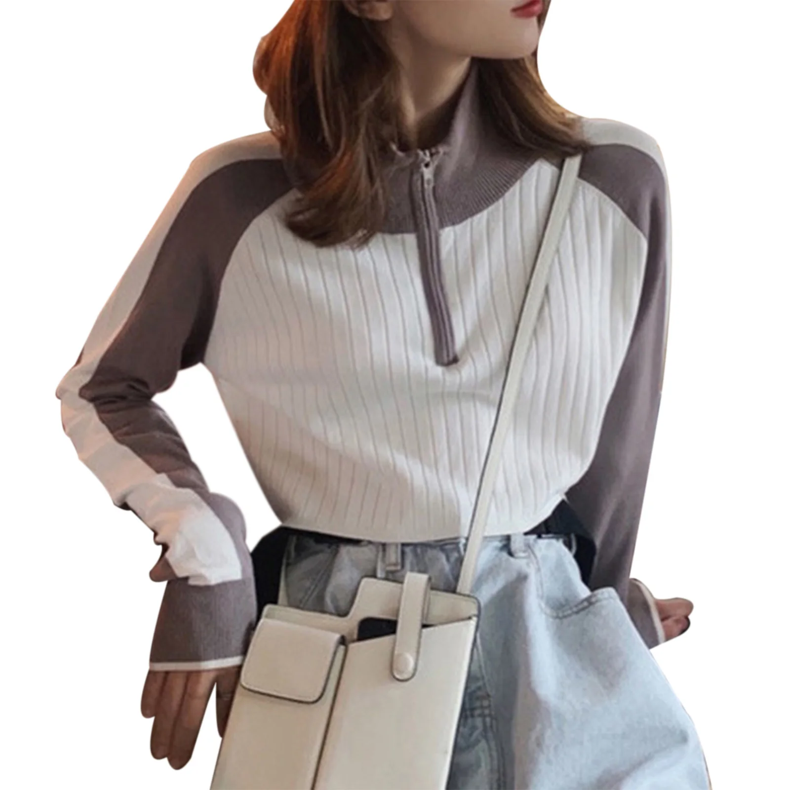

Women Fashion Long Sleeve Color Block Top Casual Zipper Knit Top for Shopping Daily Wear