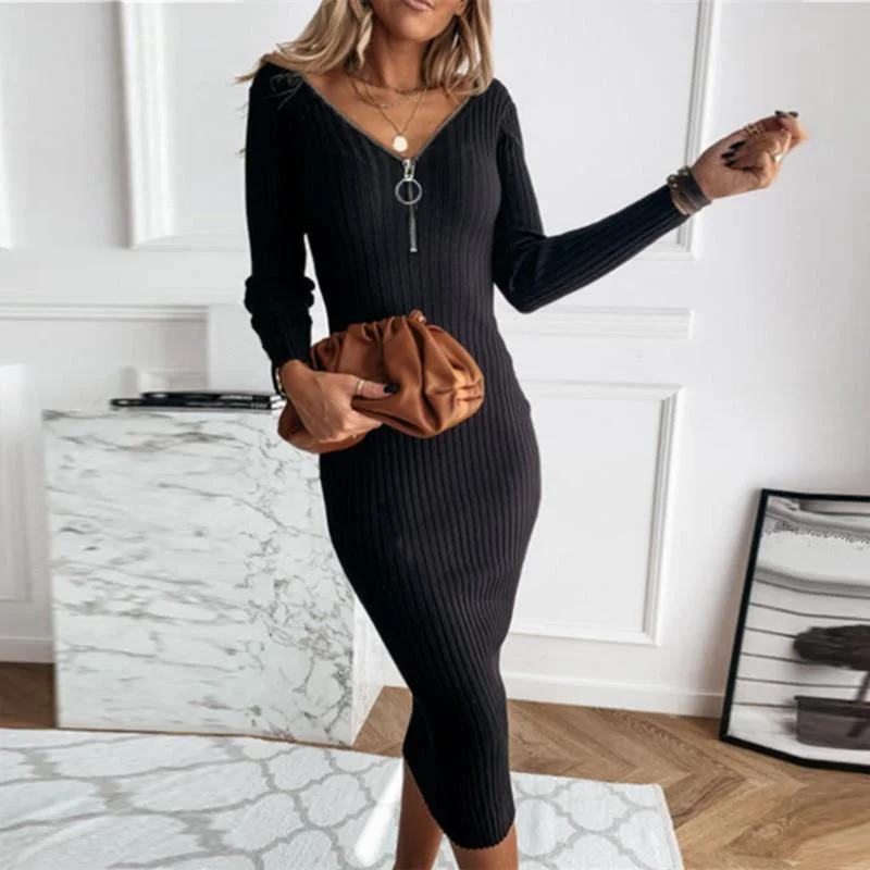 

Dress Women V-neck Knitted Elegant Holiday Club Ladies Dress Slim Christmas Party Dresses Soft High Waist Female Sweater Robe
