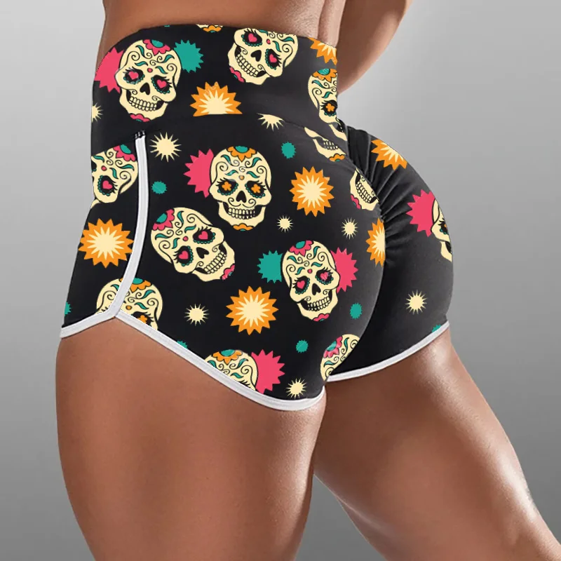 

Women Plus Size Workout Sport Shorts High Waist Ruched Scrunch Booty Skinny Pants Skull Fireworks Print Butt Push Up Leggings