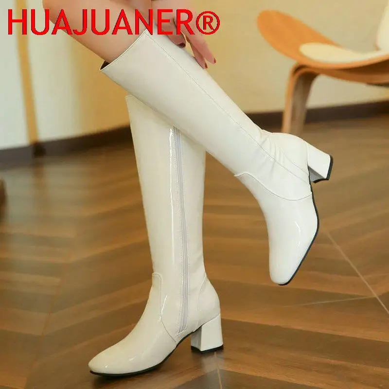 

Женские сапоги до колена из лакированной искусственной кожи, удобные сапоги на толстом каблуке, женские зимние сапоги с боковой молнией, че...