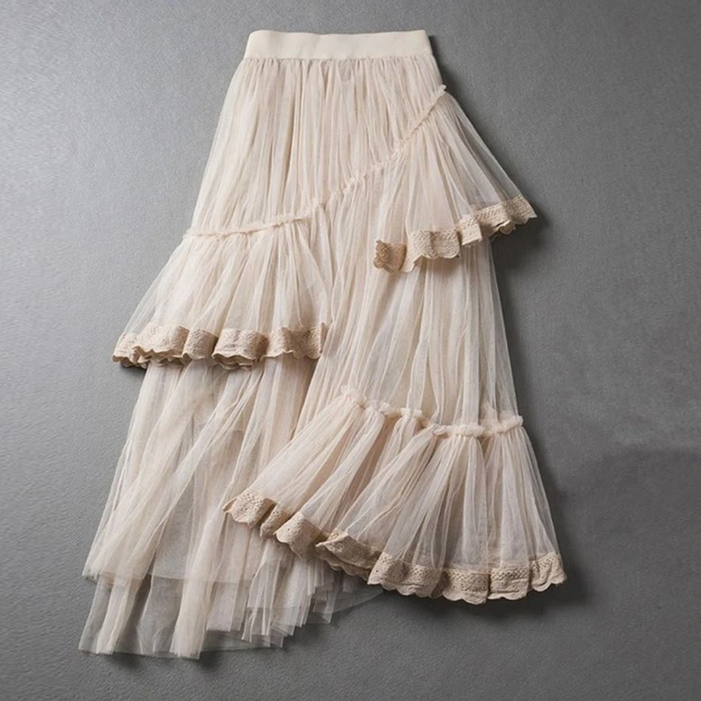 

Fashion Skirts For Women Lvory Cream Asymmetrical Layered Summer and Spring Long Skirts Plus Size Any Color Midi Tulle Skrits