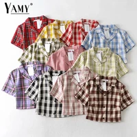 summer blouse women vintage crop shirt streetwear plaid ladies tops elegant button up shirt korean crop top red 2021