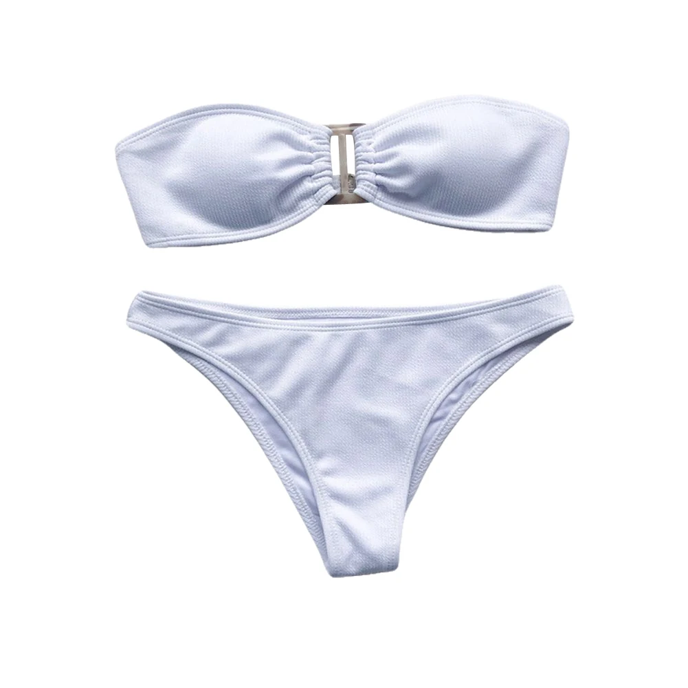 

Women Sexy Simple Bikini Set Solid Color Strapless Type Buckle Bikini Swimwear Off Shoulder Beachwear Polyester Bathingsuits