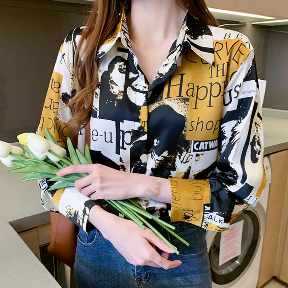 

Autumn Women Long Sleeve Scrawling Letters Print Buttons Chiffon Shirt Blouse