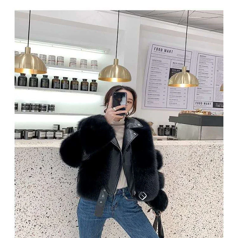 

new full leather high imitation 2020 fox fur coat women's locomotive loose and thin fur coat net red