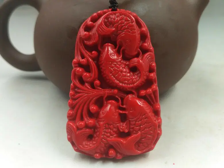 

Natural handmade cinnabar carving four fish Pendants