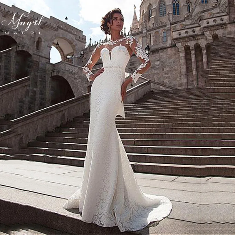 

MNGRL O-neck Luxury Retro Mermaid Wedding Dress Lace 3D Flower Backless Bridal Dresses Tail Wedding Gown Plus Size
