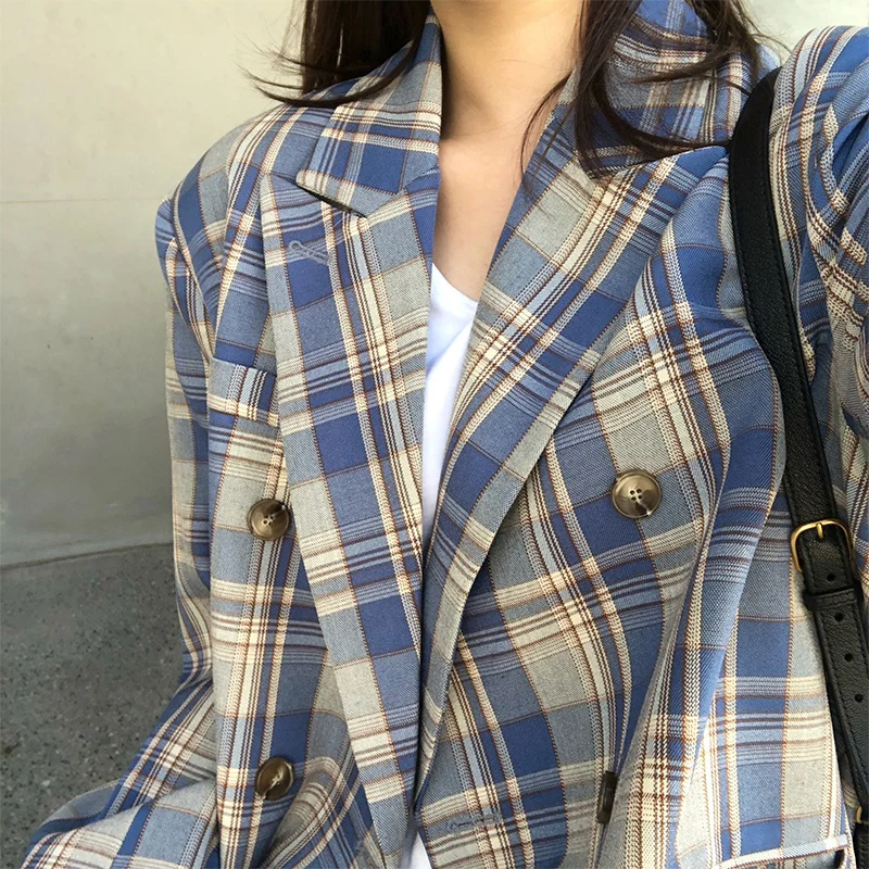 

2020 Autumn Vintage Women Plaid Blazer Chic Double Breasted Female Elegant Long Sleeve Suit Jackets casual Ladies Blazer