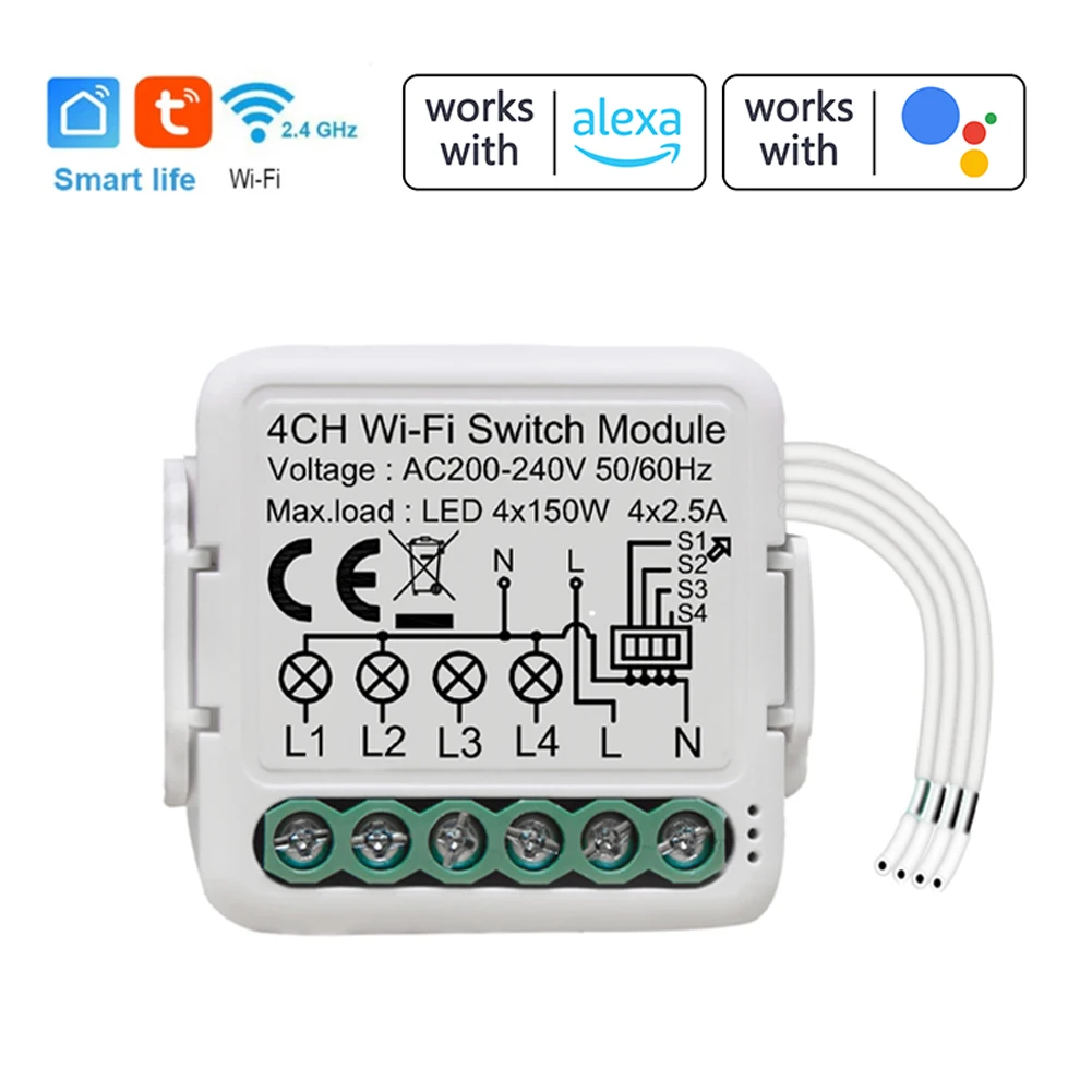 

Интеллектуальный модуль переключателя Wi-Fi Tuya, модуль преобразования 4 клавиши, модуль выключателя освещения, дистанционное управление чере...