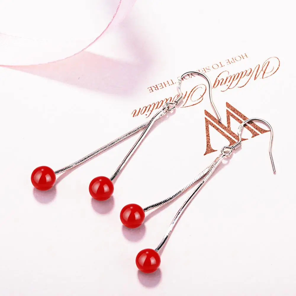 Корейские серьги Chandler с кисточками и двумя линиями для девочек красными шариками