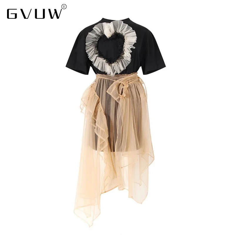 

Милая крутая футболка GVUW, черное платье средней длины с круглым вырезом, сетчатая Комбинированная юбка, комплект из двух предметов, костюм ч...