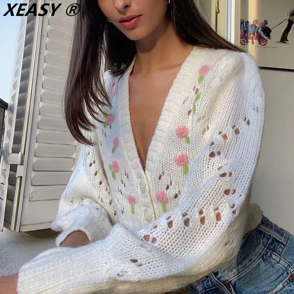 

XEASY 2021 Women Fashion Beige Hollow Embroidered Knitted cardigan Vintage V Neck Single Breasted Female Sweet Knit Sweater