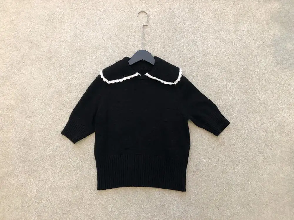 

Black Knitted Sweater Turn-down Collar Sweet Autumn Knit Pullover Tops