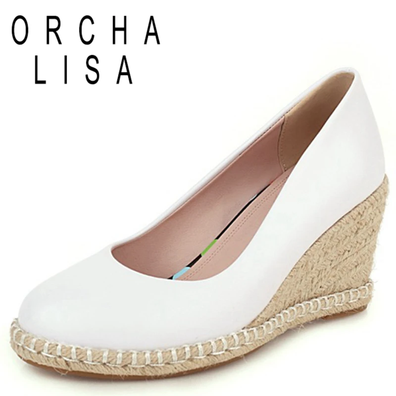 

ORCHA LISA/2021 весенние туфли-лодочки для отдыха из PU искусственной кожи с закрытой пяткой слипоны ротанга на танкетке круглый носок 7,5 см Размеры...