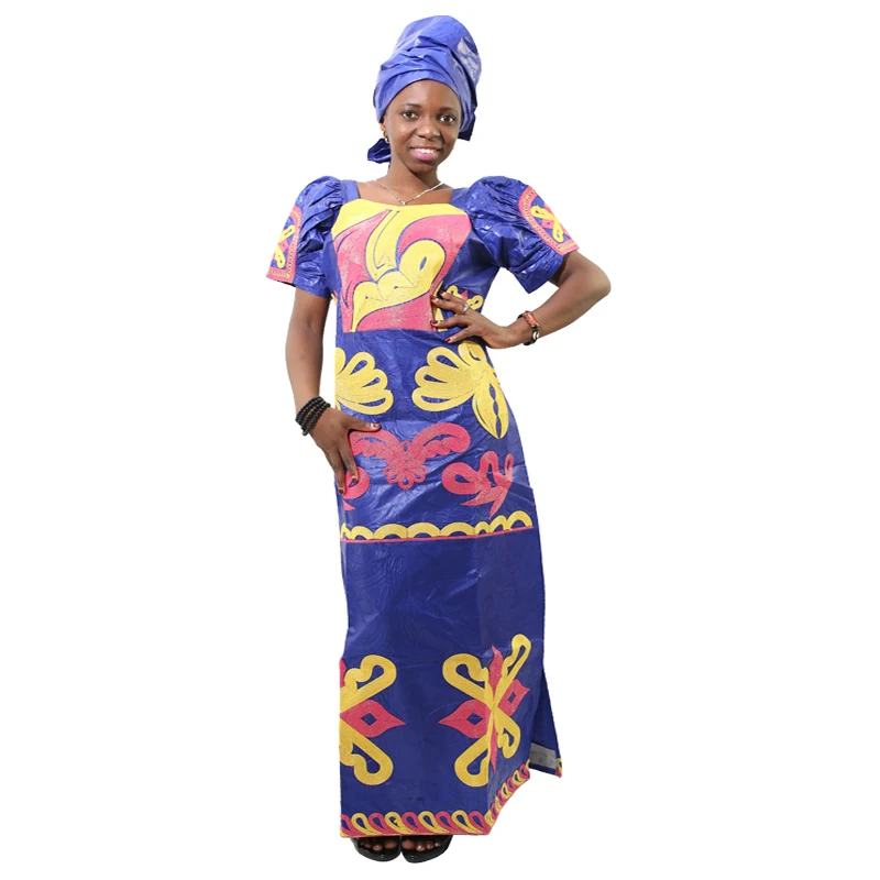 Синий MD bazin dashiki women dress african style long dress with headwrap gold embroidery kanga dresses south africa lady clothes - Цвет: Синий