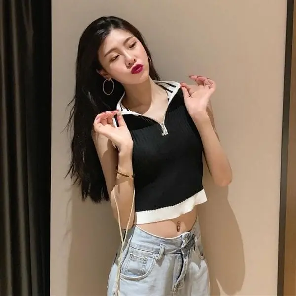 

Women Corset Tops High Collar Striped Zipper Vest 2020 Summer Sleeveless Top for Women Tank Crop Top For Women