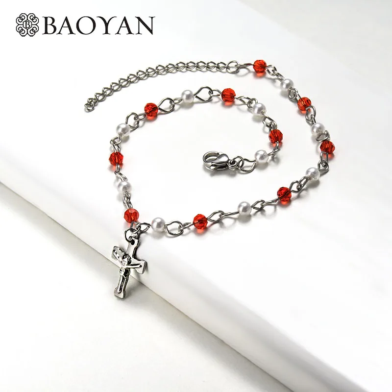 Red Baoyan серебряный цвет Греческий крест очаровательный браслет Модный жемчужный браслет четки с кристаллами ручной работы из нержавеющей стали браслет для женщин - Окраска металла: Red