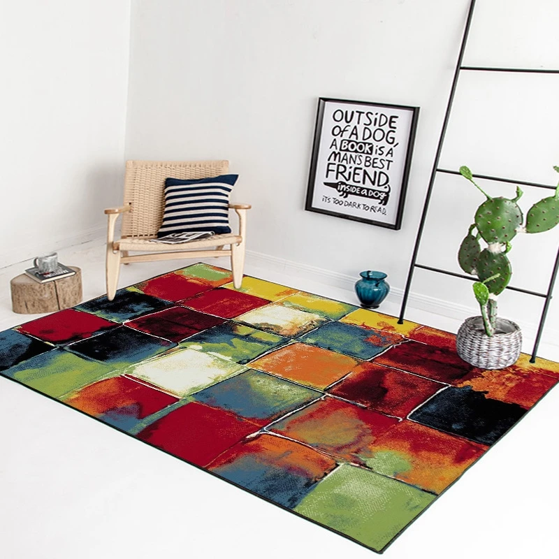 

Nordic Fashion Abstract Colorful Geometric Oil Painting Green Red Black Pattern Rug Living Room Bedroom Non-slip Floor Mat