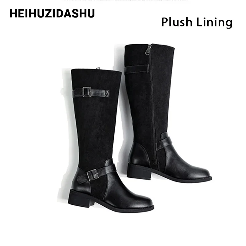 Black Plush Lining Сапоги до колена; женские кожаные сапоги с высоким голенищем на низком каблуке с круглым носком и пряжкой; коллекция года; сезон осень-зима; высокие рыцарские сапоги для женщин с плюшевой подкладкой - Цвет: Black Plush Lining