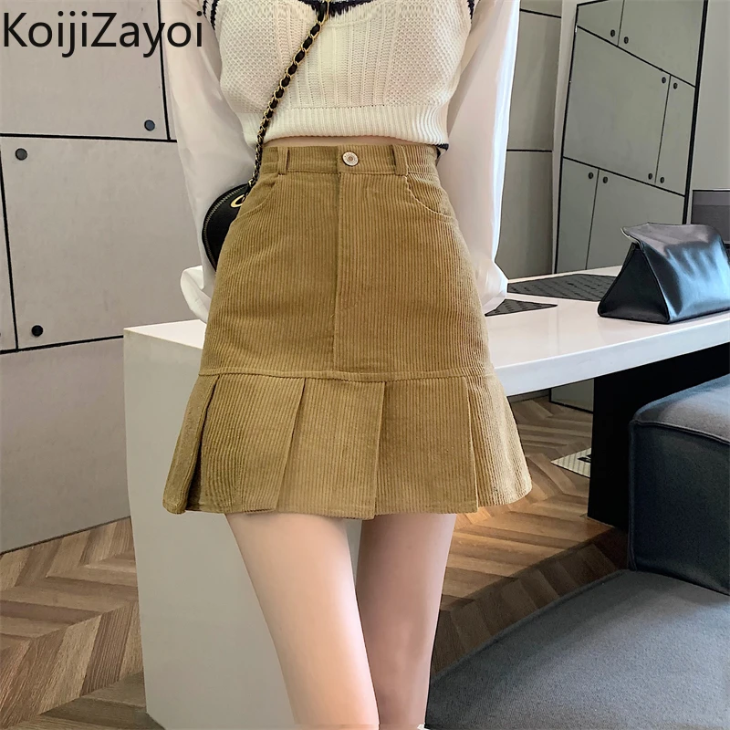 

Koijizayoi Corduroy Woman Pleated Mini Short Skirt Vintage Black Fashion Lady A Line High Waist Skirts Dropshipping Faldas