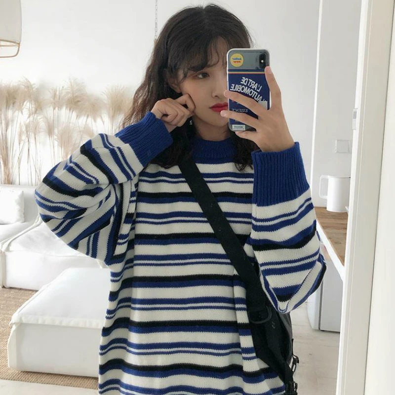 

Pullovers Women Sweaters Harajuku Oversize Stripe Bf Casual Japanese Retro Autumn 2020 New Arrival Womens All-match Tops Clothes