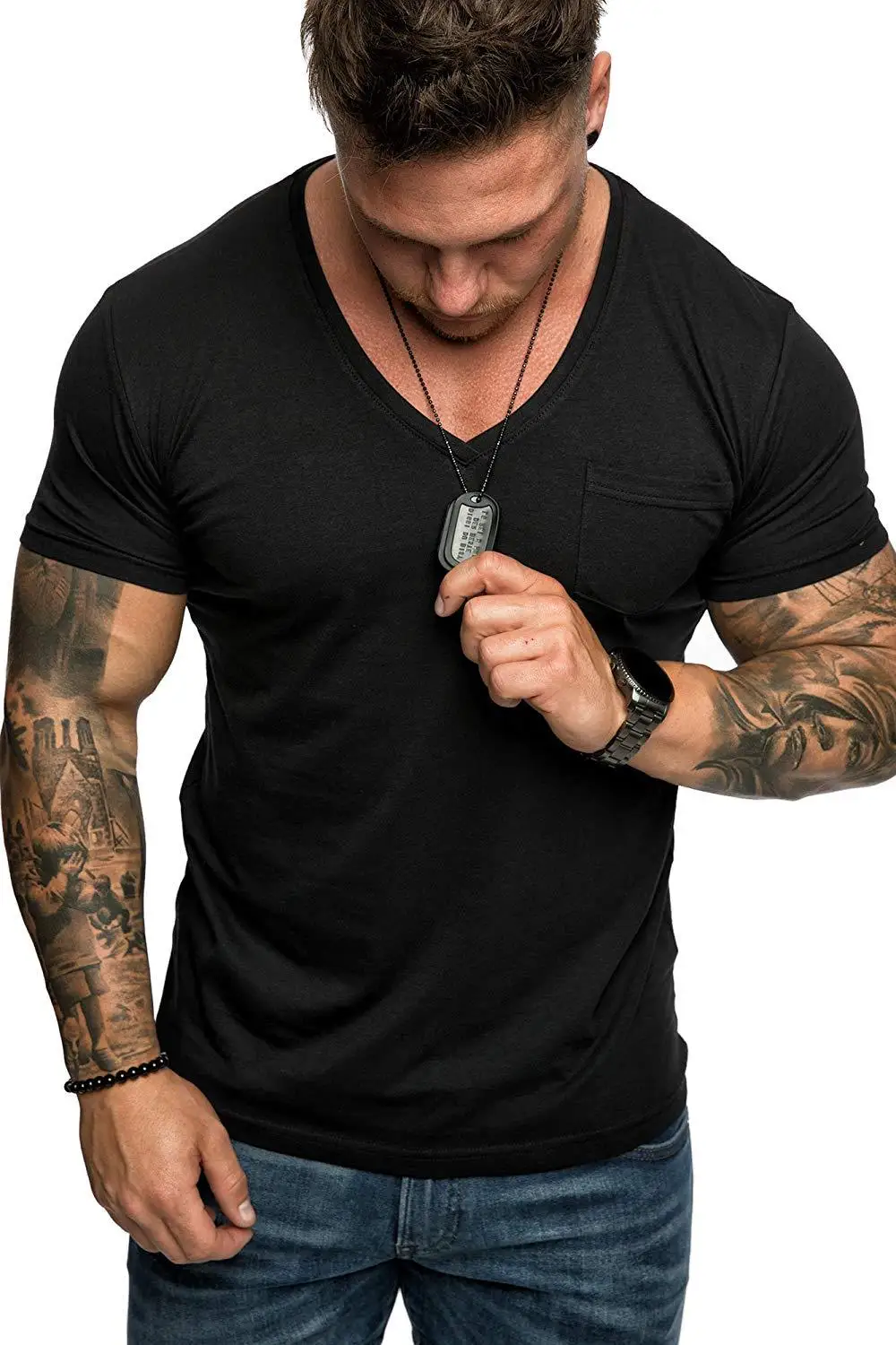 

cross-border men's men's cultivate morality pure color T-shirt pocket men sport big yards T-shirt with short sleeves