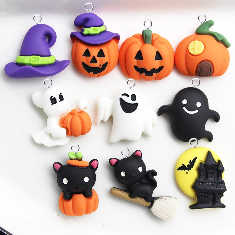 10Pcs New Ghost Pumpkin Halloween Sets Resin Charms for Earring Key Chain Bracelet Pendant Hairpin Jewelry Findings Making C682