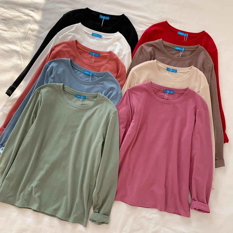 Женская Однотонная футболка с длинным рукавом в Корейском стиле 9 цветов осень