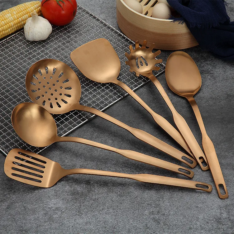 

8-piece titanium-plated stainless steel color gold kitchenware set cooking cooking shovel tool colander utensil tube storage
