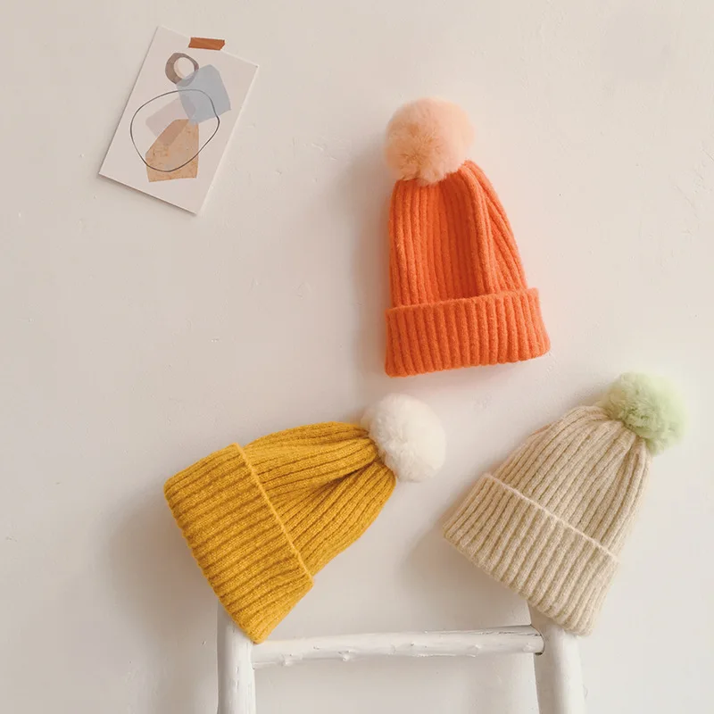 Gorro de punto con pomp&oacute;n para beb&eacute;, gorro c&aacute;lido para invierno, lana suave, Color s&oacute;lido, pomp&oacute;n de piel de conejo, 13 colores-3