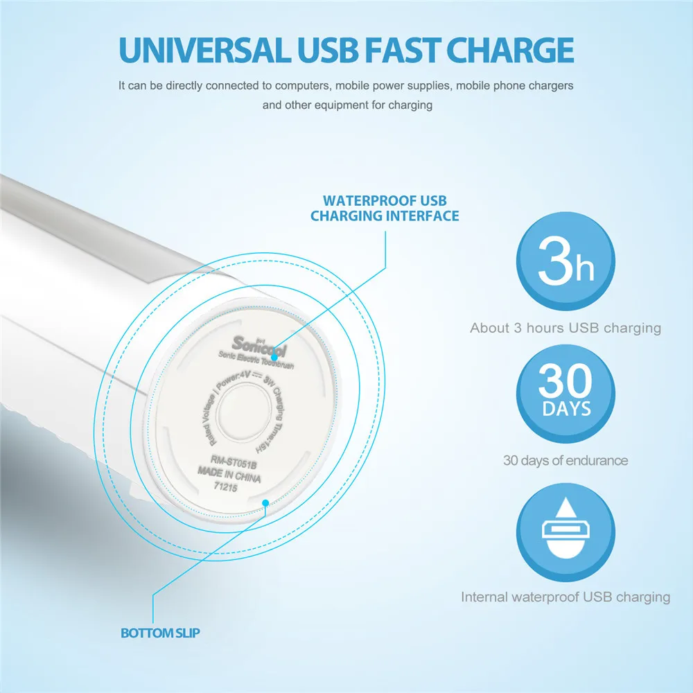 

Sonicool 051B Electric Toothbrush Sonic USB Rechargeable Ultrasonic Three Modes Tooth Brushes With 4 Pcs DuPont Brush Heads
