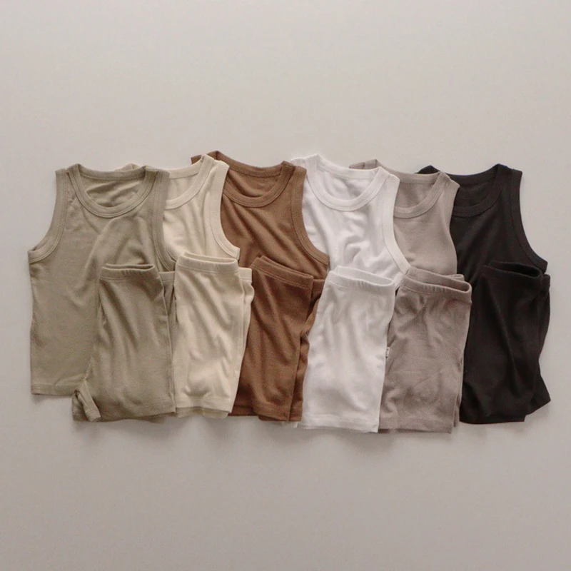 

Children Home Clothing Suit 2022 Summer New Solid Color Sleeveless Tank Top+Pants Outfits For Newborn Baby Casual Sets 1-5 Years