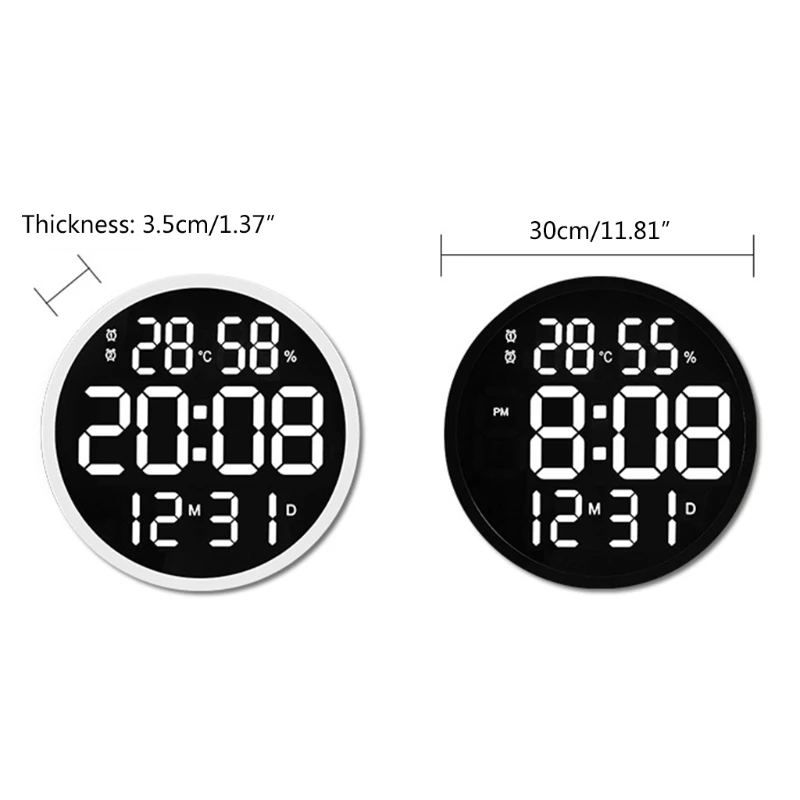 

Simple Design Living Room LED Round Wall Clock Digital Display Temperature and Humidity Date Display Alarm Clock Home
