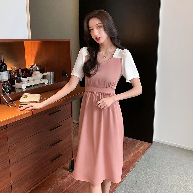 

Elegant Color Contrast Patchwork Dress Female Summer New Waist Slimming Versatile below the Knee Short Sleeve Mid-Length A- line