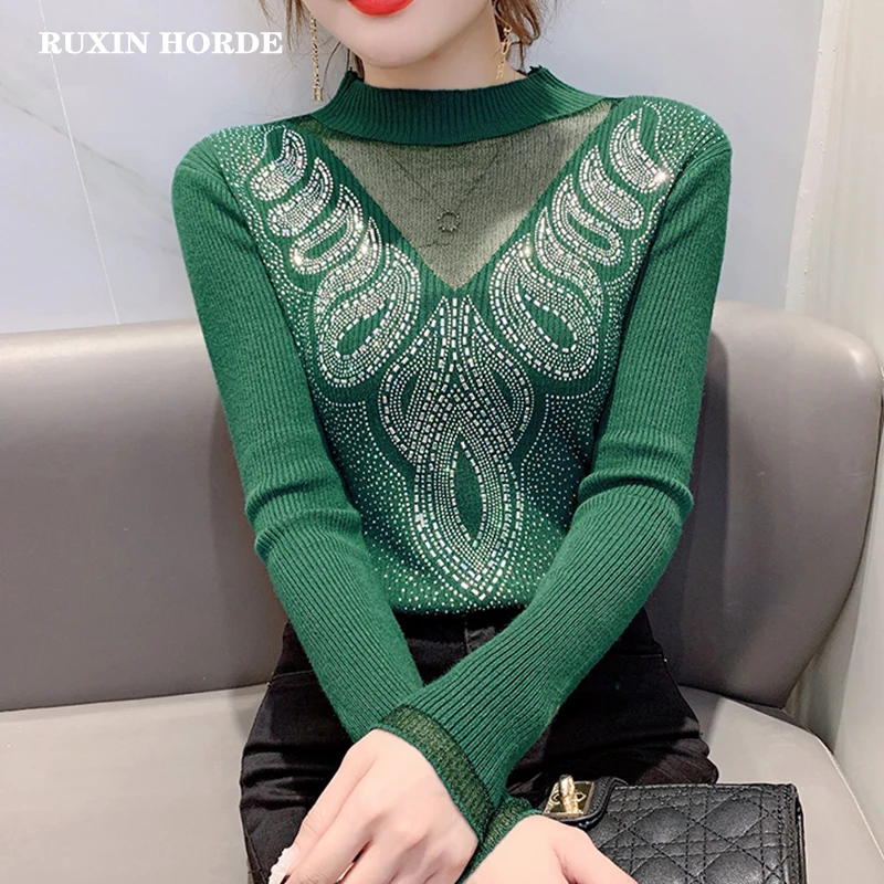 

Hot Drill Net Yarn Splicing Knit Sweater 2021 Spring Fashion Unlined Slim Sexy Long-Sleeved Cultivate Bright Women'S Clothing