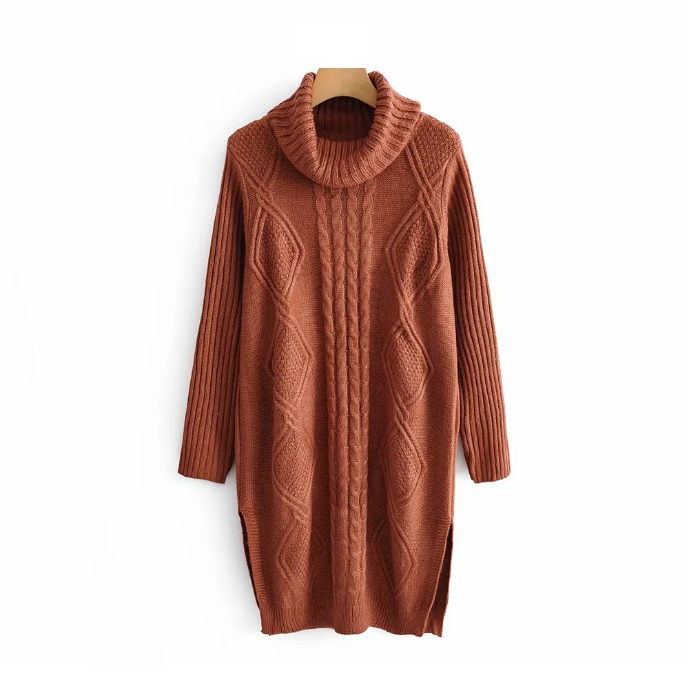 Elegant women sweater dress turtleneck ribbed long knitted autumn fashion lady split geometry knitwear female feminine sweaters | Женская