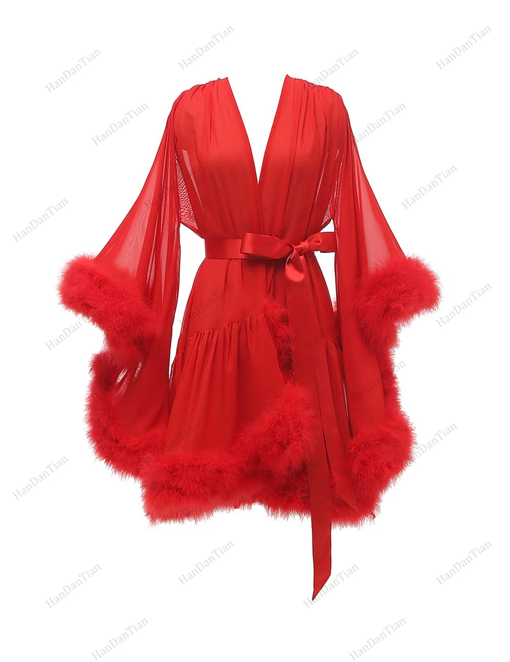 2021 Feather fur bride see-through robe sexy illusion lingerie pajamas bathrobe nightgown