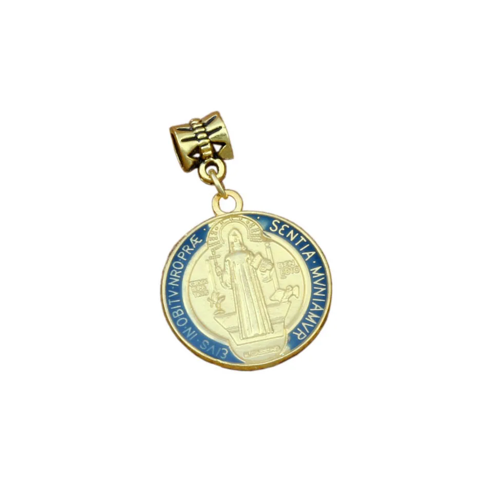 

30pcs Blue Enamel Saint Benedict Medal Cross Crucifix Charm Dangles Beads Fit European Charm Bracelet 23.5x38mm A-367a