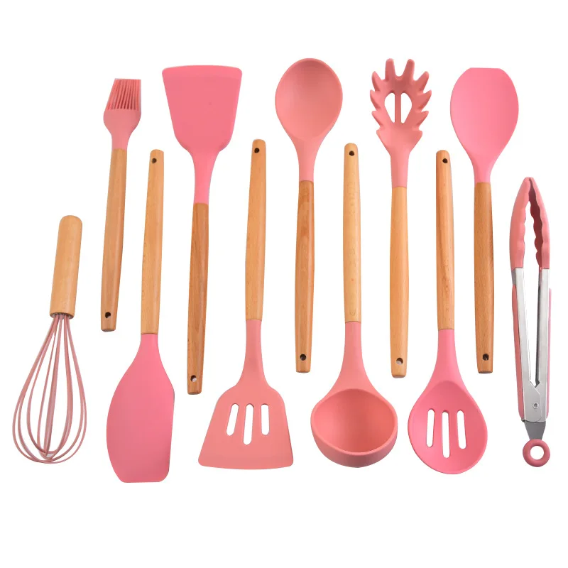 

Silicone Cooking Utensils Set 9/12PCS Non-stick Heat Resistant Wooden Handle Kitchen Utensils Sets With Storage Box Kitchen Tool