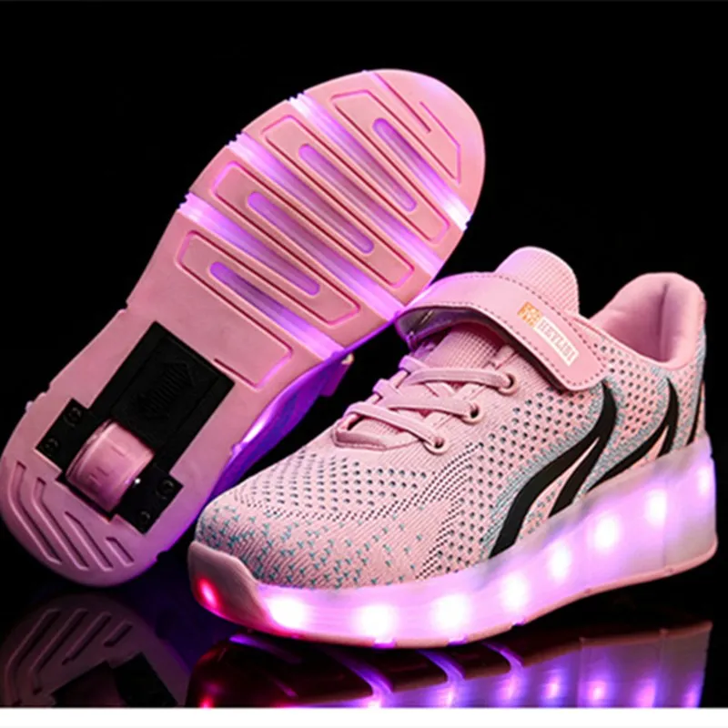 Kids Glowing Sneakers with wheels Led Light up Roller Skates Sport Luminous Lighted Shoes for Boys USB Charging LED shoes | Спорт и