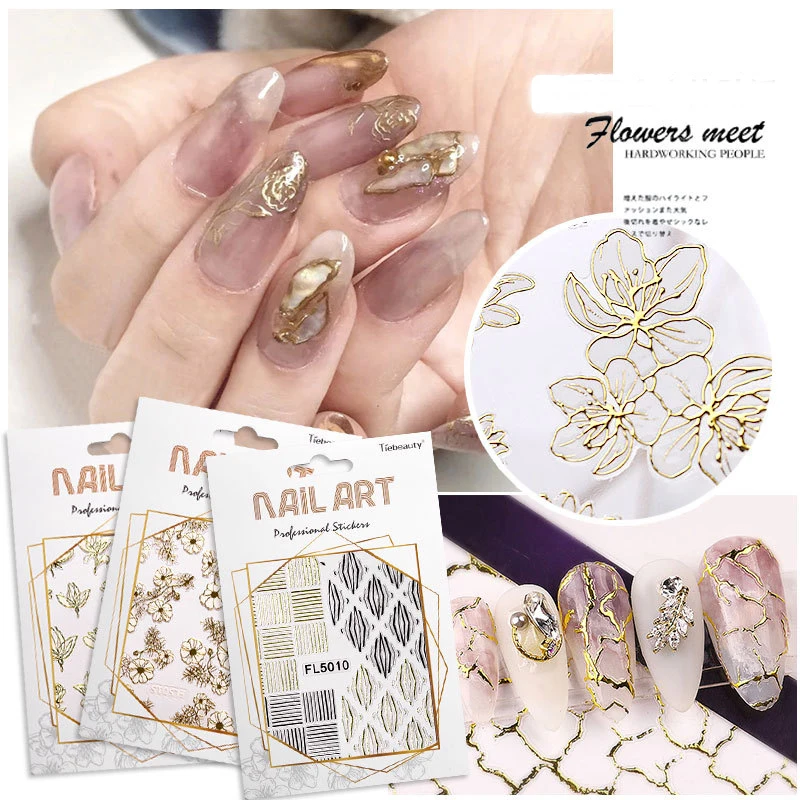 

1PCS 3D Nail Stickers Adhesive Transfer Sticker Decals Gilded Curve Flowers Geometric Image Nail Art Decorations Accessories