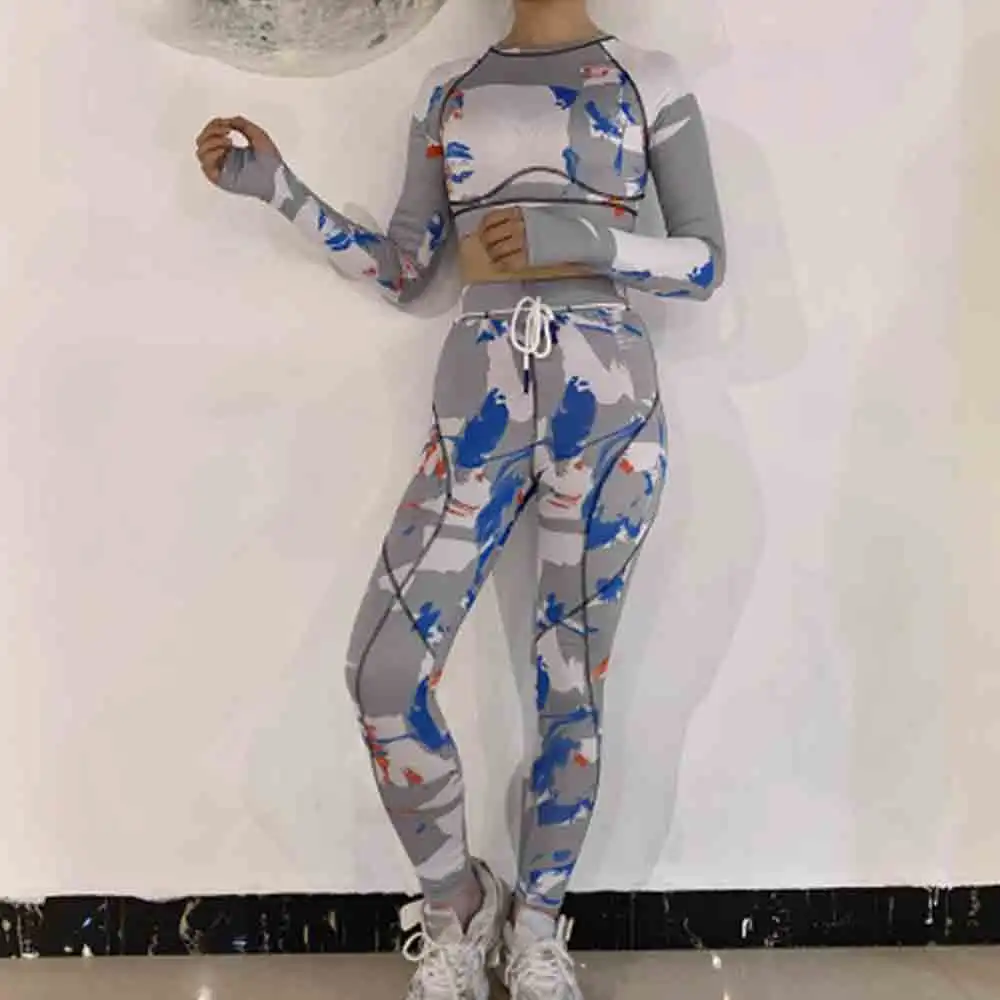 

women skinny patchwork tracksuit 2 piece outfits long sleeve crop top sporty leggings matching set casual fitness clothes