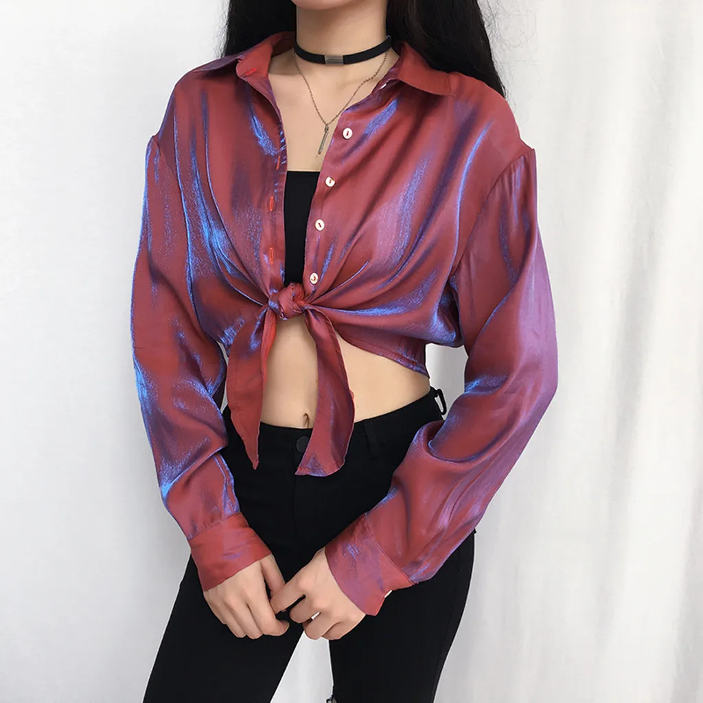 

FREE OSTRICH Womens Tops And Blouses Casual Tie Strap Long Sleeve Turn-down Collar Solid Autumn And Winter Blouses Woman 2019
