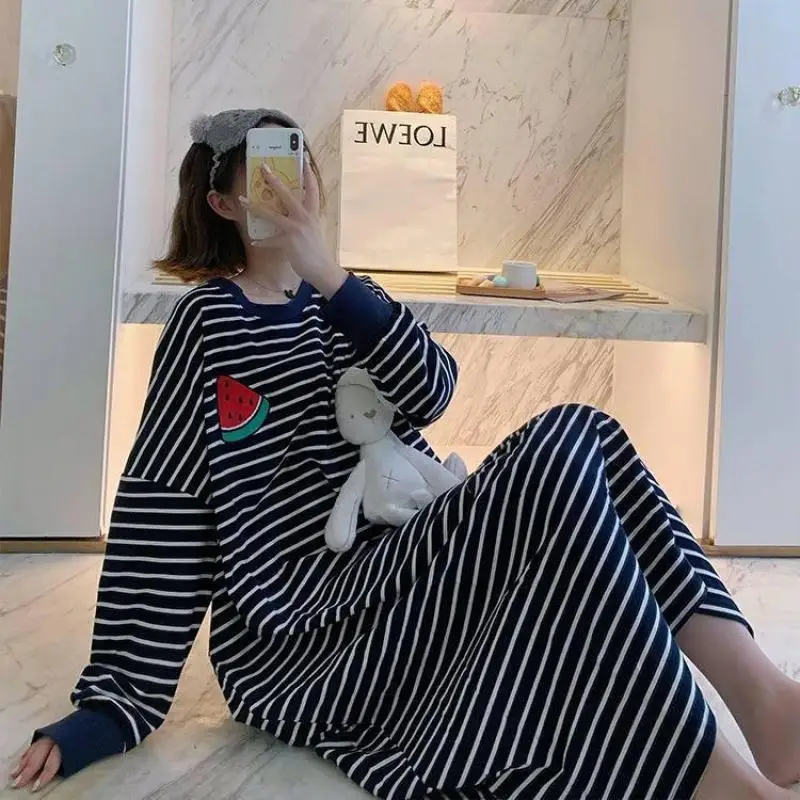 PLUS SIZE Women Long Nightdress Sleepwear Spring Autumn Long Nightgown Nightwear Loose Bathrobe Striped Home Dress 5XL