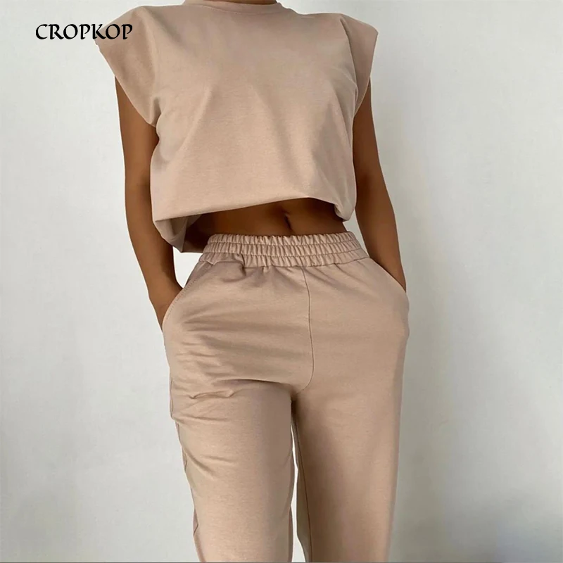 

Summer Women Two Piece Tracksuit Casual Sleeveless Pink Crop Top High Waist Sports Pants Elegant Pantsuit Fashion Outfits 2021