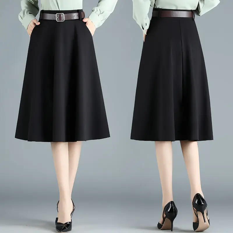 A-line Fashion Skirt Spring Autumn New Slim Belt Black High Waist Umbrella Skirts Women Elegant Jupe Femme With Lining K1253 | Женская