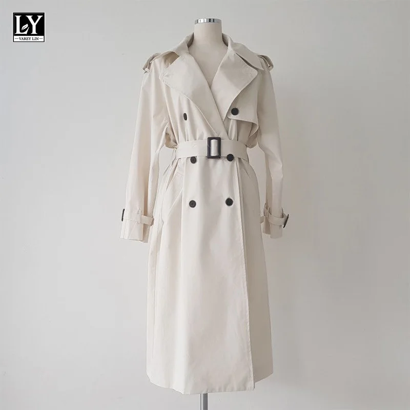 

LY VAREY LIN Autumn Women Loose Fit Double Breasted Turn Down Collar Windbreaker Outwear Chic White Long Trench Coat with Belt
