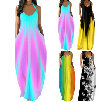 Casual Women's Summer Print Sleeveless Pocket Loose Dress 2023 Plus Size Floral Maxi Dress O-Neck Neon Female Long Dresses YL 1