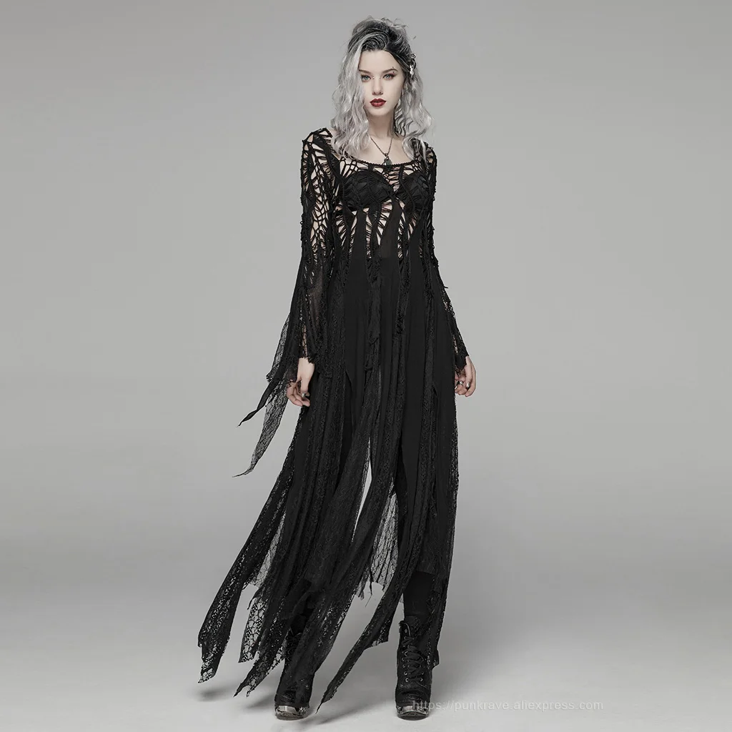 Женское готическое платье макси Goth Черное длинное с асимметричным кружевным
