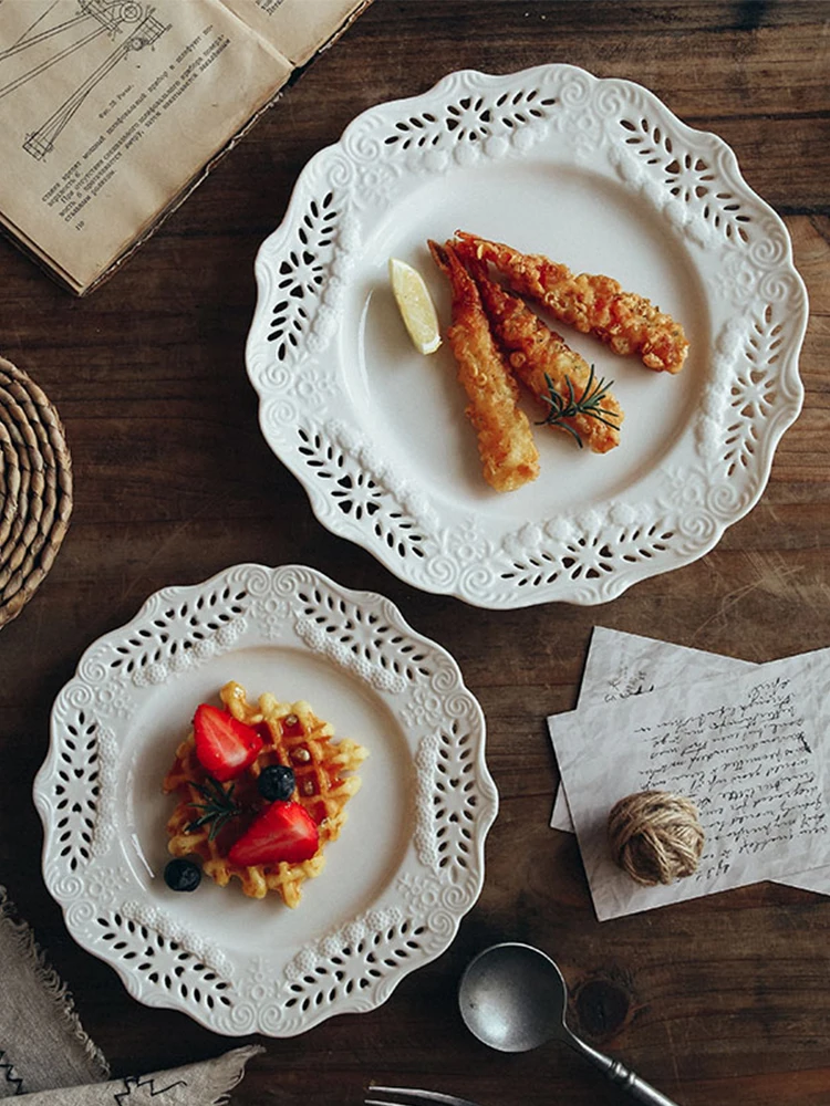 

European-Style Hand-Made Retro Eembossed Ceramic Plate Hollow Flower Lace Ceramic Plate Fruit Dessert Cake Plate Dinnerware
